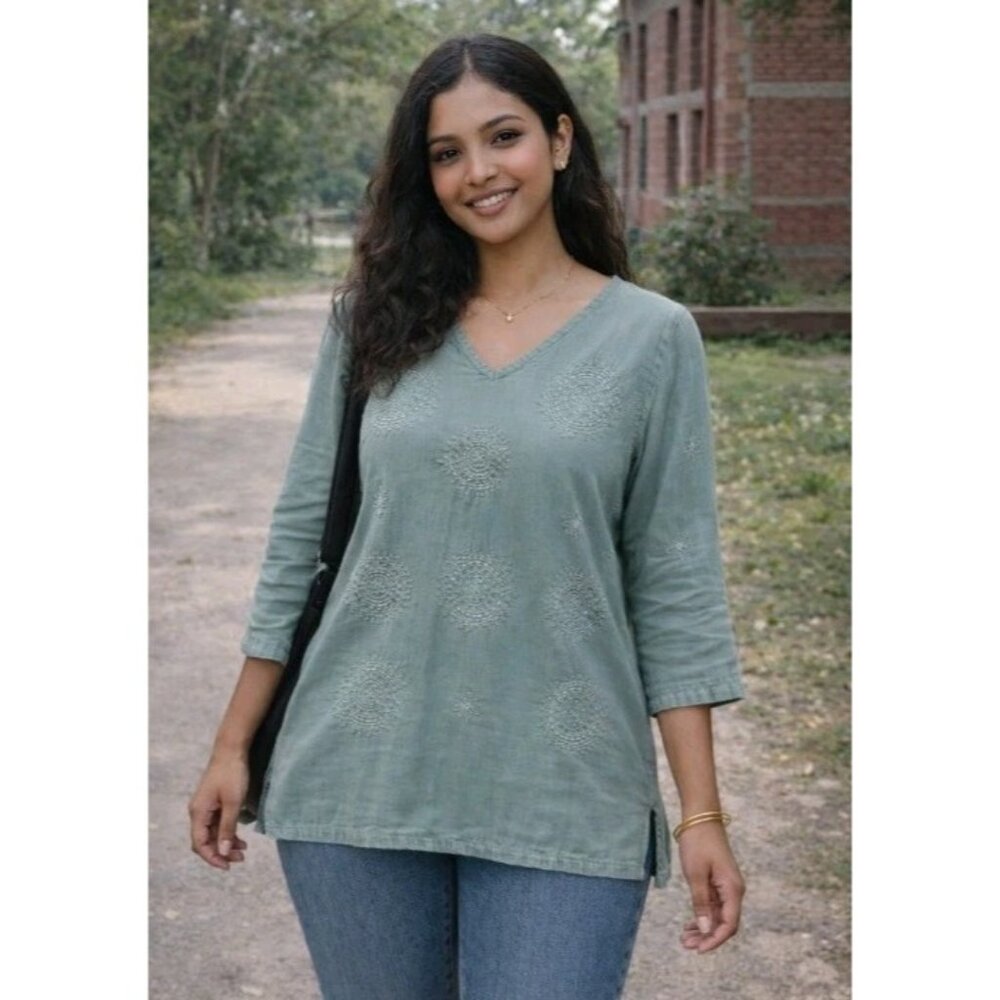 Eucalyptus Handcrafted Boho Embroidered Casual Work School Tunic Top Small Sage